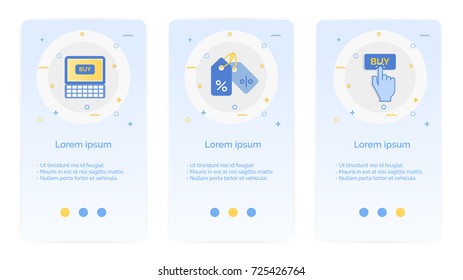 E-shopping Set Of Mobile Apps Onboarding Designs.Design Empty State Pages For Websites & Mobile Apps.labtop,discount Tag , Hand Click Buy Buttom.