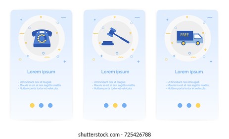 e-shopping set of Mobile Apps Onboarding Designs.Design Empty State Pages for Websites & Mobile Apps. telephone, hammer, auction, bid, truck.