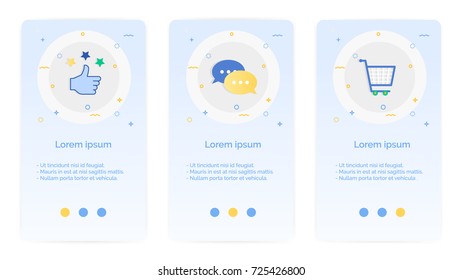 e-shopping set of Mobile Apps Onboarding Designs.Design Empty State Pages for Websites & Mobile Apps.thumb up, shopping cart, message.