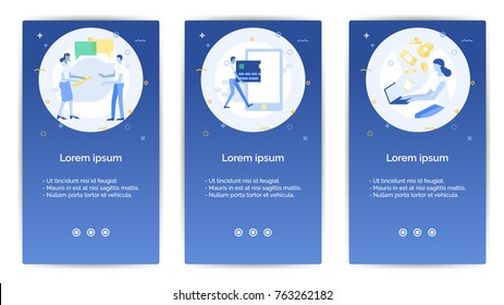 e-shopping set of Mobile Apps Onboarding .Design Empty State Pages for Websites & Mobile Apps.A man and women are talking, a man use a credit card paying on smartphone , A woman is shopping online.