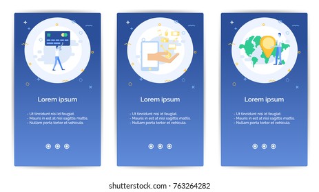 e-shopping set of Mobile Apps Onboarding Designs.Design Empty State Pages for Websites & Mobile Apps.A man is carrying a credit card, shopping online, A man is pin on the map.