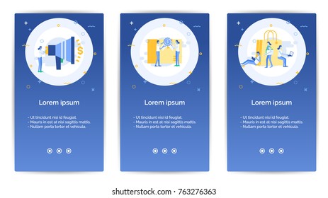 e-shopping set of Mobile Apps Onboarding Designs.Design Empty State Pages for Websites & Mobile Apps.A woman is speaking to megaphone, A man and woman attached a medal , shopping bag.