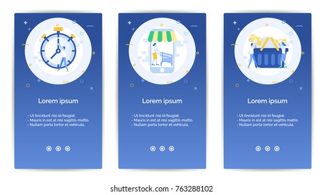 e-shopping set of Mobile Apps Onboarding Designs.Design Empty State Pages for Websites & Mobile Apps.A man is turning a clock, A woman shopping in smartphone, A man and woman pick a camera to basket.