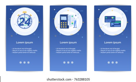 e-shopping set of Mobile Apps Onboarding Designs.Design Empty State Pages for Websites & Mobile Apps.twenty four hour clock timer, A man use a credit card, credit card.