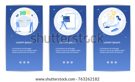 e-shopping set of Mobile Apps Onboarding .Design Empty State Pages for Websites & Mobile Apps.A man and women are talking, a man use a credit card paying on smartphone , A woman is shopping online.