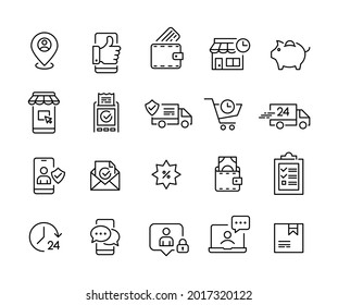 E-shopping vector internet store icons set. Shipping, support, website 24 hour and delivery. Pixel perfect, editable stroke
