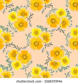 Eshsholtsiya orange flowers with leaves floral seamless texture, vector.