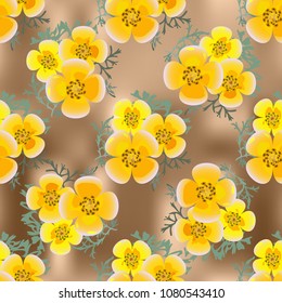 Eshsholtsiya orange flowers with leaves on dark brown abstract background, floral seamless texture, vector.