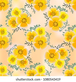 Eshsholtsiya orange flowers with leaves on light brown abstract background, floral seamless texture, vector.