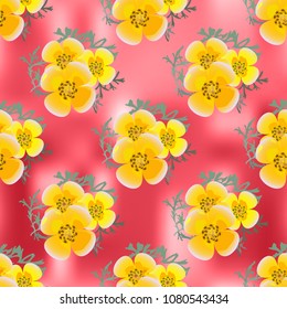 Eshsholtsiya orange flowers with leaves on red abstract background, floral seamless texture, vector.