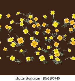 Eshsholtsiya yellow flowers with leaves floral seamless texture, vector.