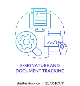 E-signature and document tracking blue gradient concept icon. Sales software abstract idea thin line illustration. Online signing. Legal status. Isolated outline drawing. Myriad Pro-Bold font used