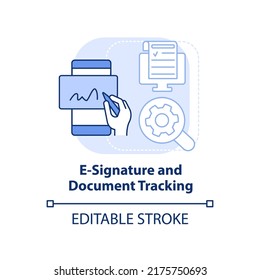 E-signature and document tracking light blue concept icon. Sales tool abstract idea thin line illustration. Legal status. Isolated outline drawing. Editable stroke. Arial, Myriad Pro-Bold fonts used