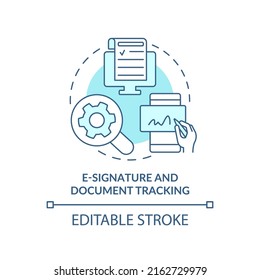 E-signature and document tracking turquoise concept icon. Sales tool abstract idea thin line illustration. Legal status. Isolated outline drawing. Editable stroke. Arial, Myriad Pro-Bold fonts used