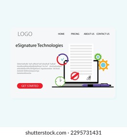 e-Signature technologies landing page, deal and smart contract. Vector illustration. Electronic sign, internet paperwork, onlone approve concept, phone certificate, mobile security