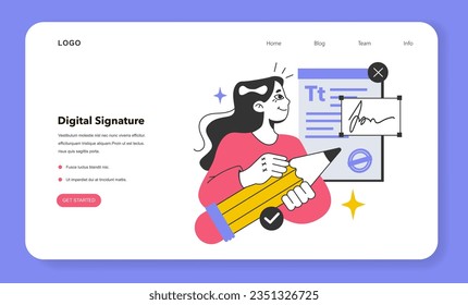 E-signature web banner or landing page. Woman signing a legal paper. Signing online contract with digital signature. Verifying the authenticity of digital message or document. Flat vector illustration