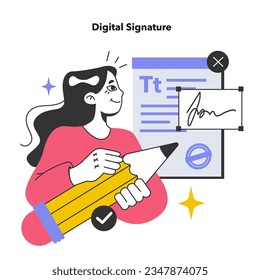 Firma electrónica. Mujer firmando un documento legal. Mujer de negocios firma contrato en línea con firma digital. Verificando la autenticidad del mensaje o documento digital. Ilustración vectorial plana