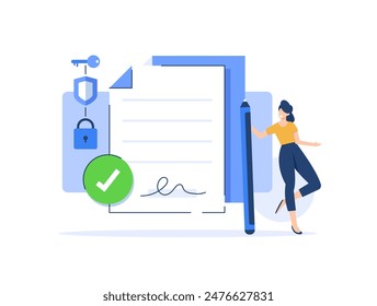 E-signature. Woman signing a legal document. Businesswoman signing online contract with digital signature. Verifying the authenticity of digital message or document