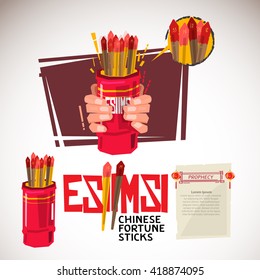 Esiimsi. Hand holding Chinese fortune sticks and shaking.  typographic design - vector illustration