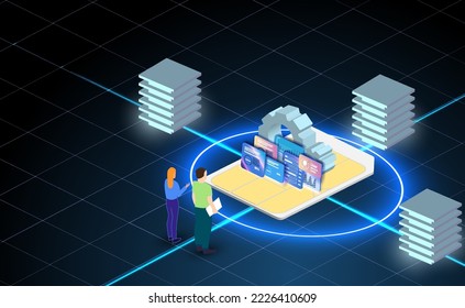 eSIM-Kartenchip. Integriertes SIM-Konzept. Mobilkommunikationstechnologie. sichtbare integrierte Chips eSIM mit blauem Hintergrund. Vektorgrafik