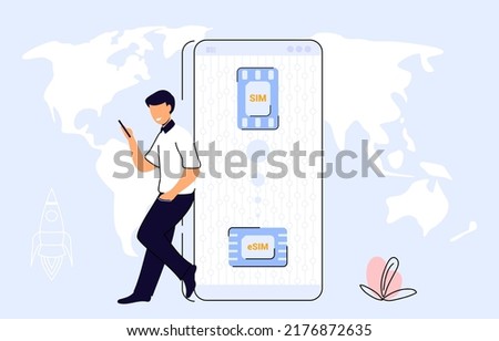 eSIM card chip Embedded SIM concept New mobile communication technology vector illustration Smartphone without classical sim card New digital technology Cellphone with integrated circuit card