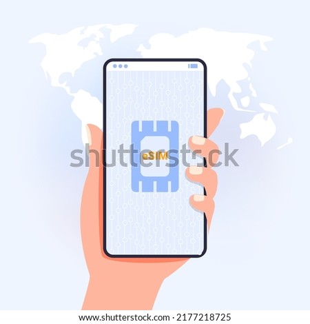 eSIM card chip Embedded SIM concept New mobile communication technology vector illustration Smartphone without classical sim card New digital technology Cellphone with integrated circuit card