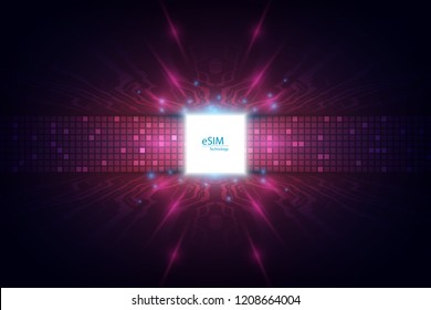 eSIM card chip sign. Embedded SIM concept. New mobile communication technology and  processor background circuit board vector illustration