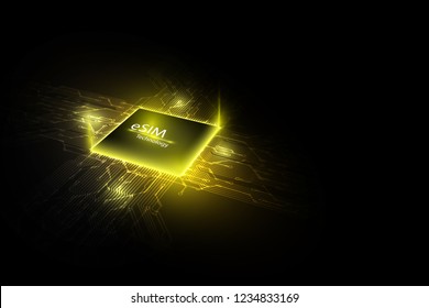 eSIM card chip sign. Embedded SIM concept. New mobile communication technology and  processor background circuit board vector illustration