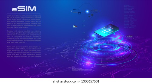 eSIM card chip sign. Embedded SIM concept. New mobile communication technology. Futuristic projection esim card. vector illustration