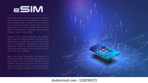 	
eSIM card chip sign. Embedded SIM concept. New mobile communication technology. Futuristic projection esim card. vector illustration