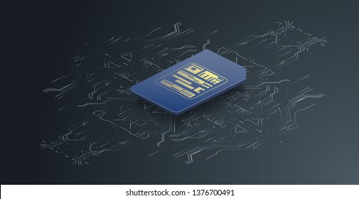 	
eSIM card chip sign. Embedded SIM concept. New mobile communication technology and processor background circuit board vector illustration