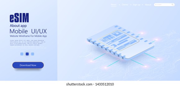 eSIM card chip sign. Embedded SIM concept. New mobile communication technology and processor background circuit board vector illustration