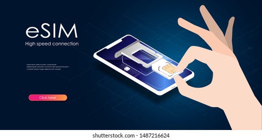 eSIM card chip sign. Embedded SIM concept. Human hand holds a esim card.
 vector isometric  illustration