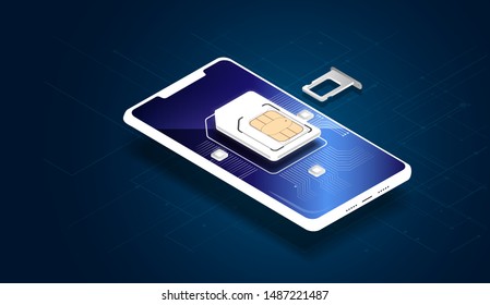 eSIM card chip sign. Embedded SIM concept. Big simcard. Vector isometric  illustration