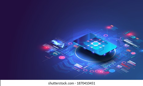 eSIM card chip sign. Embedded SIM concept. New mobile communication technology. Futuristic projection sim card. Invitation with sim for design.  Flat isometric vector illustration