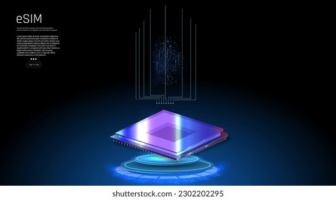 eSIM card chip sign. Embedded SIM concept. New mobile communication technology. Futuristic projection sim card. eSIM card chip sign. Embedded SIM concept. New mobile communication technology.