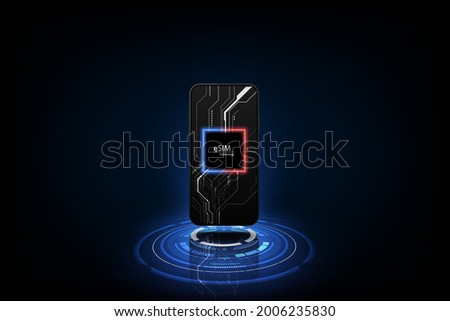 eSIM card chip sign. Embedded SIM concept. New mobile communication technology and  processor background circuit board vector illustration