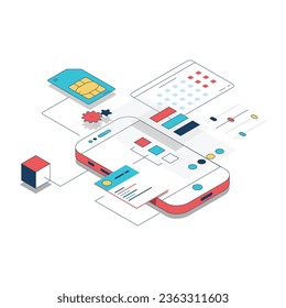 E-sim card and phone. Mobile development concept. Isometric phone with futuristic UI and layers of applications. App on mobile phone with sim card. Line style minimal vector illustration.