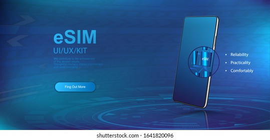 eSIM chip-card. Embedded SIM concept. Smartphone hanging in the air, visible through the body and visible integrated chips eSIM with blue background. Vector illustration