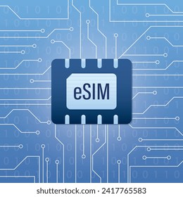 ESIM, concept banner. Embedded sim card on blue gradient background. Microcircuit with sim card chip. Part of cellphone. Trendy flat vector illustration