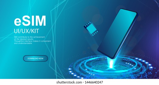 eSIM concept. Holographic projection wite smartphones. eSIM card chip sign. New mobile communication technology. Webpage design, eSIM hologram. Vector illustration. Mockup web page
