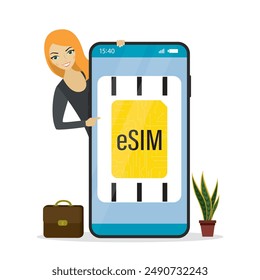 Esim, concept. Smart woman user or seller activate esim on mobile phone. Embedded sim card on smartphone screen. Cell phone without classical sim card, digital technology. Flat vector illustration