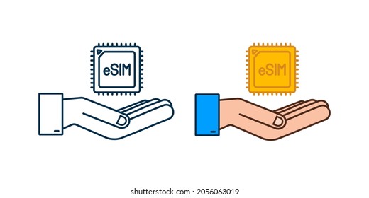 eSIM Eingebettete SIM-Karte mit dem Symbol für die Hände. neue Chip-Mobilfunk-Kommunikationstechnologie. Vektorgrafik.