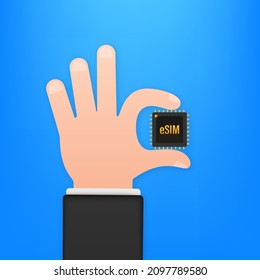 eSIM Embedded SIM card with hands icon symbol concept. new chip mobile cellular communication technology. Vector stock illustration.