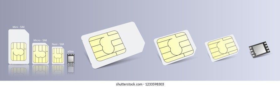 eSIM Embedded SIM card icon symbol concept. new chip mobile cellular communication technology. set SIM-cards for mobile devices with chip. vector illustration