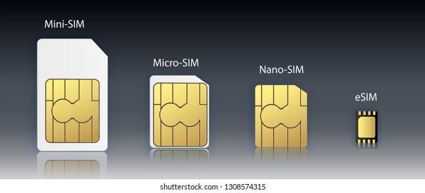 eSIM Embedded SIM card icon symbol concept. new chip mobile cellular communication technology. set SIM-cards for mobile devices with chip. vector illustration. Vector illustration 10 eps.