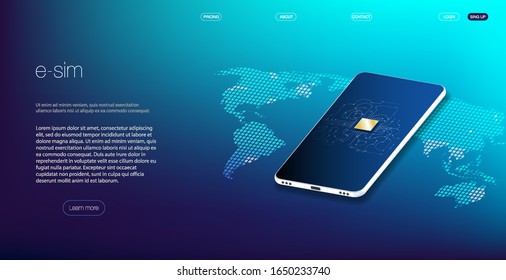 eSIM Embedded SIM card icon symbol concept,  Vector illustration 10 eps, New mobile communication technology. Futuristic projection esim card. 