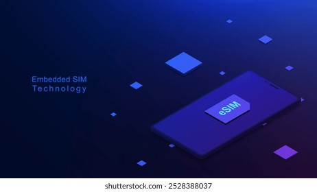 eSIM ou cartão SIM embutido com smartphone isométrico em fundo azul escuro. Dispositivo móvel com um chip eSIM para o novo conceito de tecnologia de comunicação móvel. Ilustração vetorial