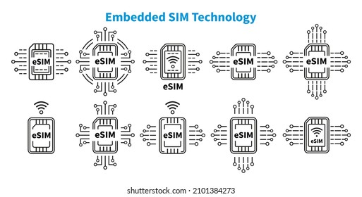 eSIM Embedded SIM Chipkarte Mobilfunk-Technologie Umriss-Icon Set. Mikrochip für Smartphone. Neuer kleiner elektronischer Prozessor. Telefonzubehör für Internetanschluss. Linienvektor