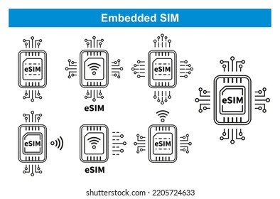 eSIM Embedded SIM chip card mobile cellular communication technology line icon set. Phone simcard. Microchip smartphone electronic processor. Digital equipment for telephone internet connection vector